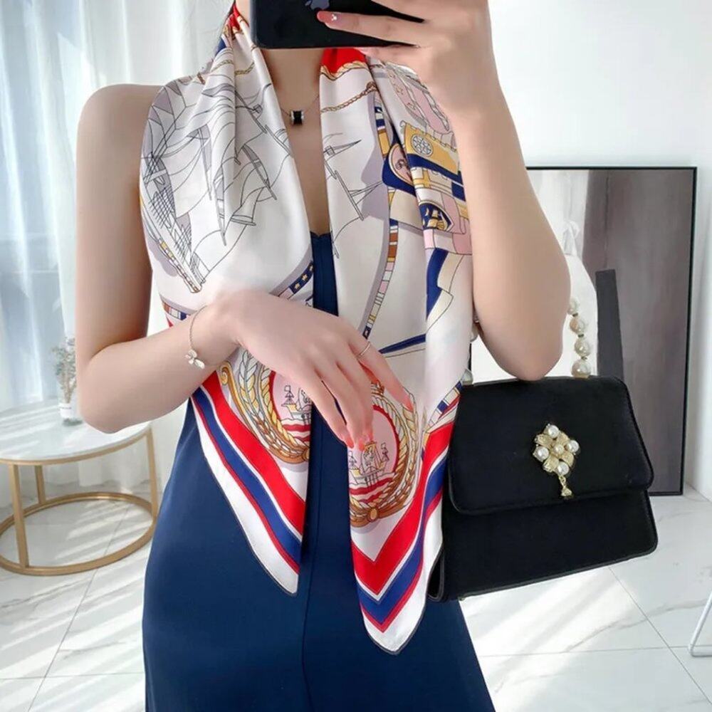 2/$30 NEW Cream Red Blue Nautical Antique Gold Baroque Printed Silky Fashion S…